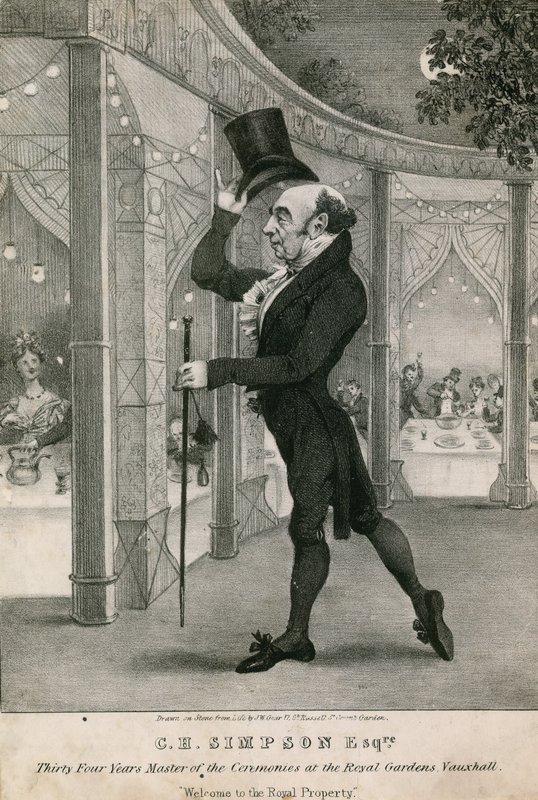 CH Simpson, trettifire år som seremonimester ved Royal Gardens, Vauxhall, London av English School