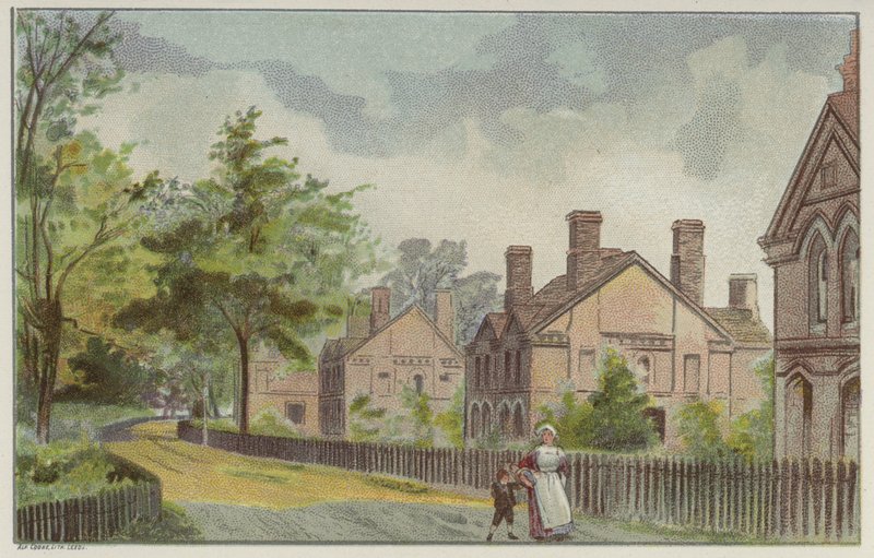 Cadburys arbeiderhytter og landevei, Bournville, Birmingham (chromolitho) av English School