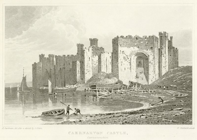 Caernarvon Castle, Caernarvonshire (gravering) av English School