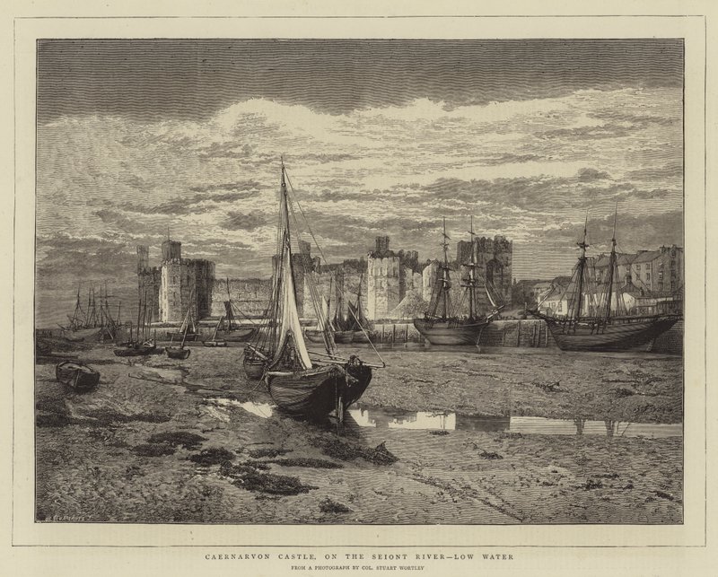 Caernarvon Castle, ved Seiont-elven, Low Water (gravering) av English School
