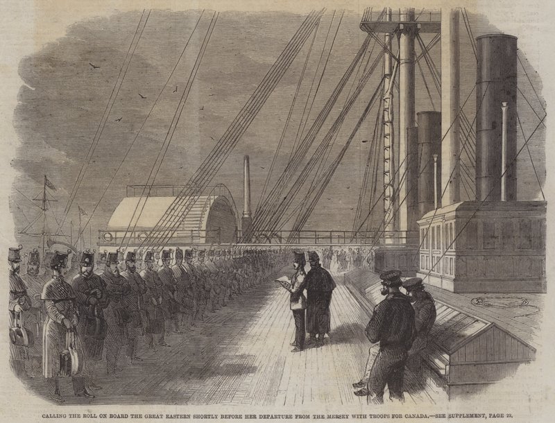 Calling the Roll on Board the Great Eastern kort tid før hennes avgang fra Mersey with Troops for Canada (gravering) av English School
