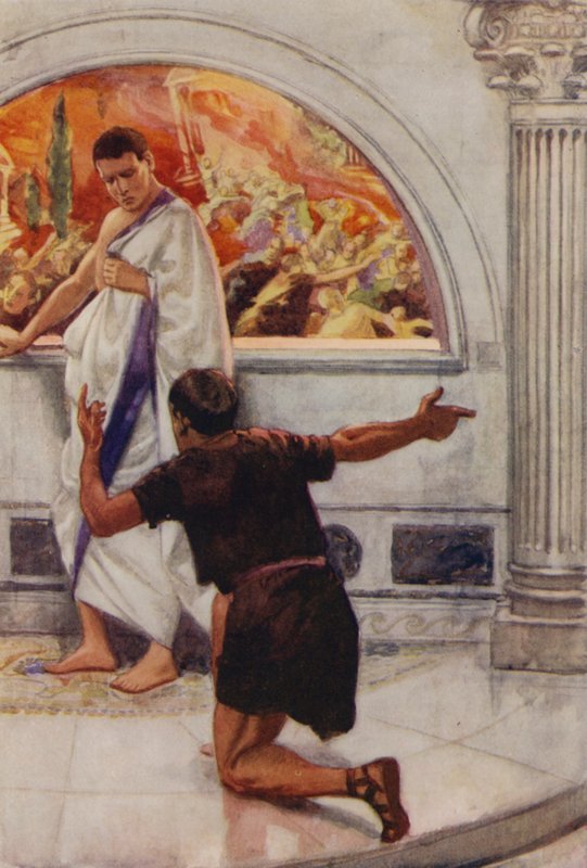 Rolig og uredd går Plinius til badet sitt mens Pompeii styrter mot sin undergang (fargelitografi) av English School