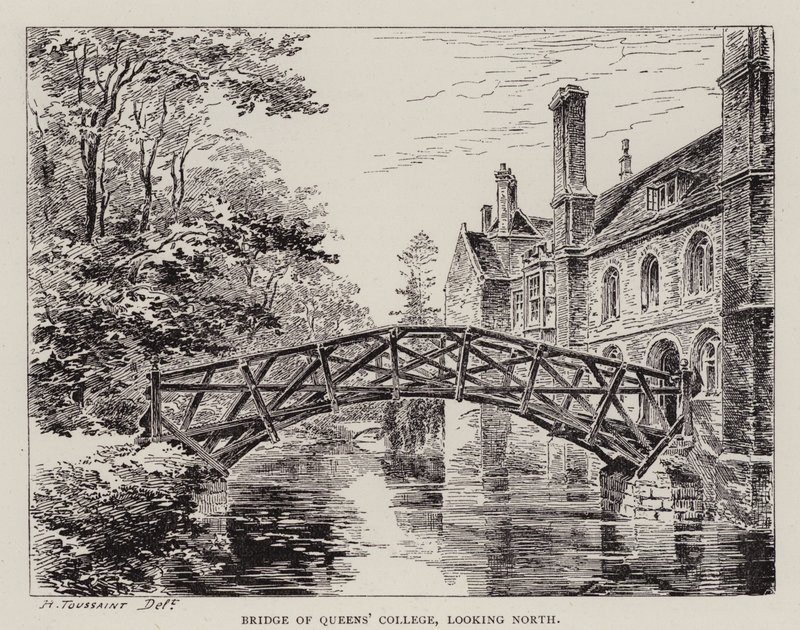 Cambridge: Bridge of Queens' College, ser nordover (etsing) av English School