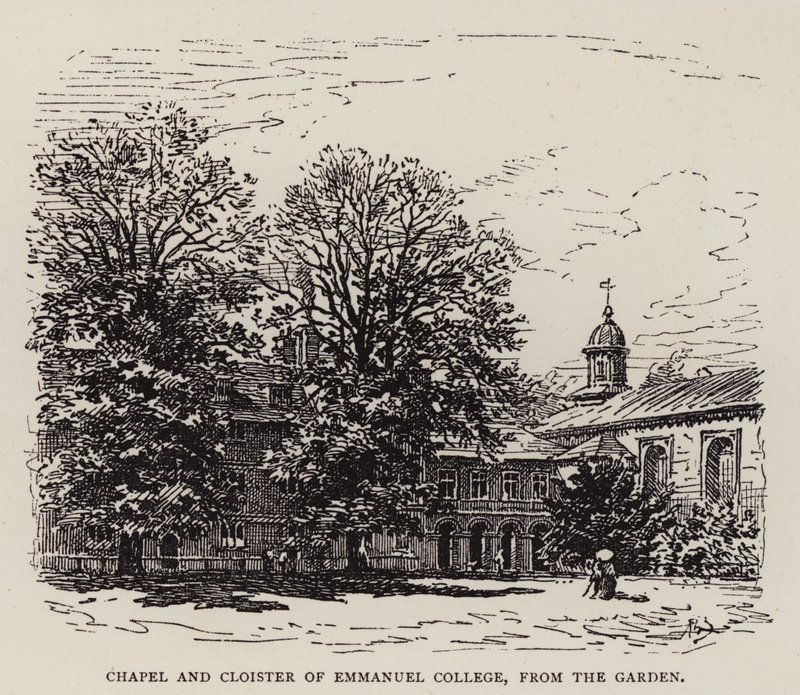 Cambridge: Chapel and Cloister of Emmanuel College, fra hagen (radering) av English School