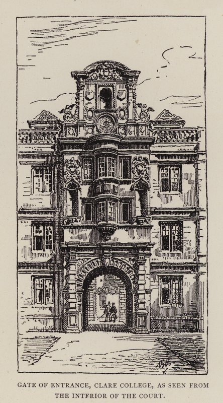 Cambridge: Gate of Entrance, Clare College, sett fra domstolens indre (etsning) av English School