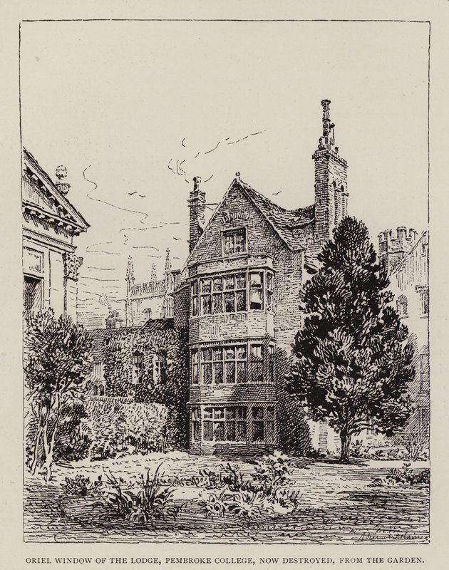 Cambridge: Oriel Window of the Lodge, Pembroke College, nå ødelagt, fra hagen (etsing) av English School