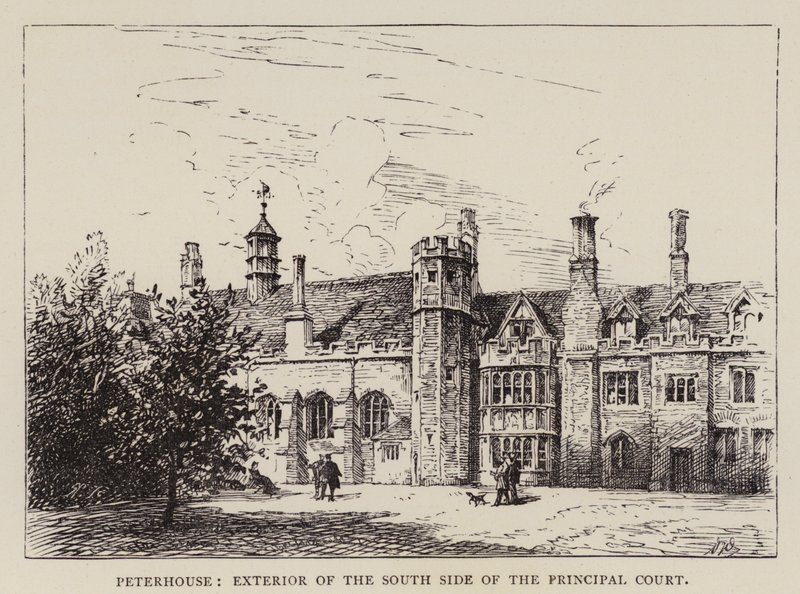 Cambridge: Peterhouse, eksteriør av sørsiden av hoveddomstolen (etsing) av English School