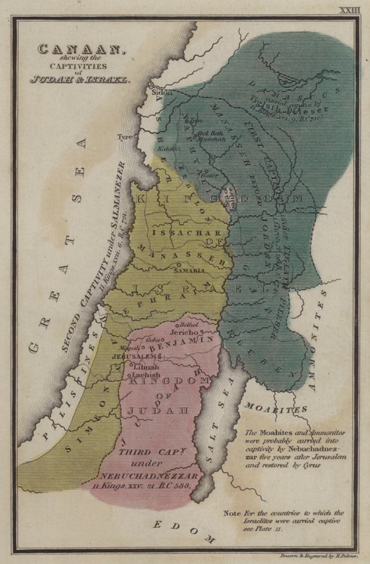 Kanaan, viser fangene til Juda og Israel (farget gravering) av English School