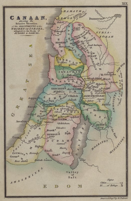 Kanaan, som viser den relative situasjonen for tildelingene til Israels stammer, tilpasset Dommerbøkene og Samuel (farget gravering) av English School