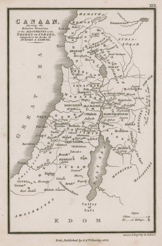 Kanaan, som viser den relative situasjonen for tildelingene til Israels stammer, tilpasset Dommernes og Samuelsbøker av English School