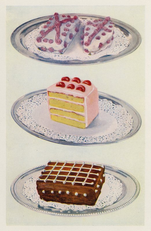 kanadisk kake; Lagkake; Issjokoladekake (farge litho) av English School