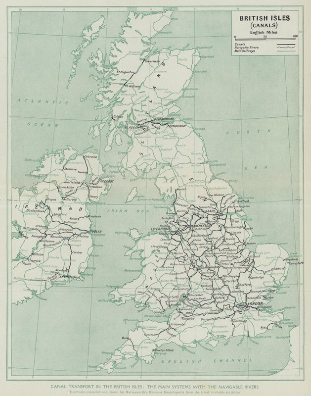 Kanaltransport på de britiske øyer, hovedsystemene med de navigerbare elvene (litho) av English School