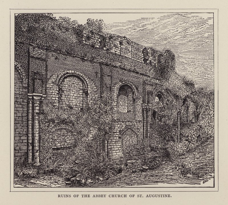 Canterbury: Ruinene av Abbey Church of St Augustine (litho) av English School