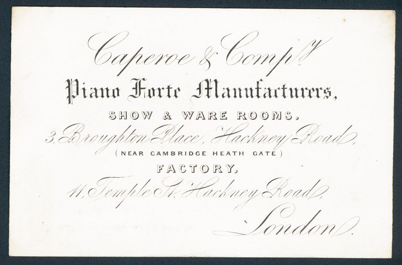 Caperoe & Company, produsenter av piano forte, handelskort av English School