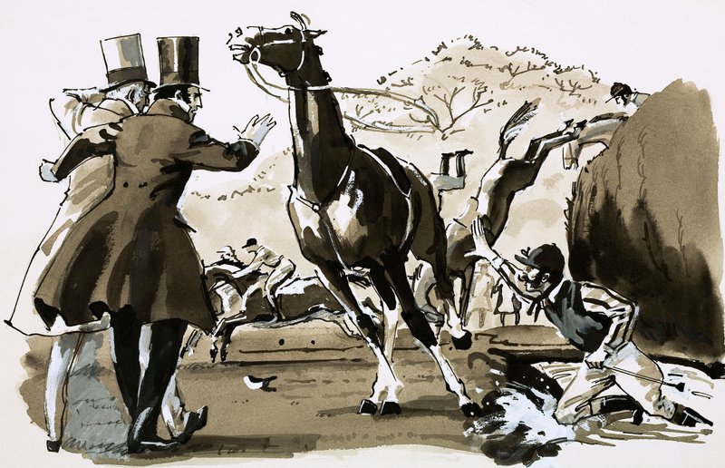 Kaptein Becher, kastet på et gjerde under Grand National (gouache på papir) av English School