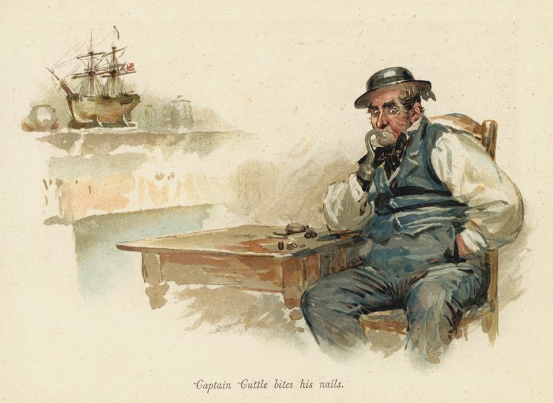 Kaptein Cuttle biter neglene (chromolitho) av English School