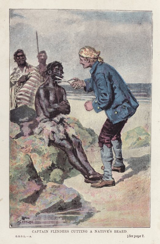Kaptein Flinders klipper en innfødts skjegg (farge litho) av English School