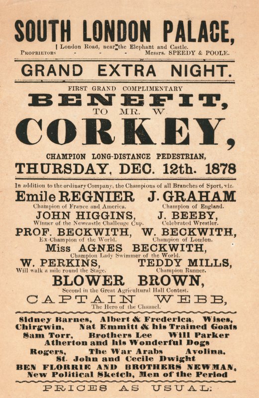 Kaptein Webb, kanalens helt, fotgjengeren Corkey, Beckwiths (svømmere) og andre ved South London Palace, 1878 av English School