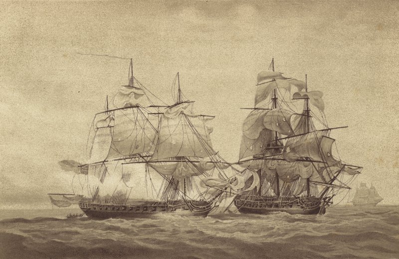 Fangst av den franske fregatten l'Immortalite av den britiske fregatten HMS Fisgard, kommandert av kaptein Thomas Byam Martin, utenfor Brest, Frankrike, 20. oktober 1798 (litho) av English School