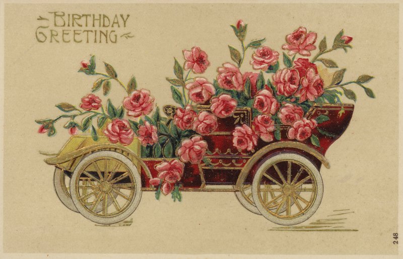 Bil dekorert med blomster (farge litho) av English School