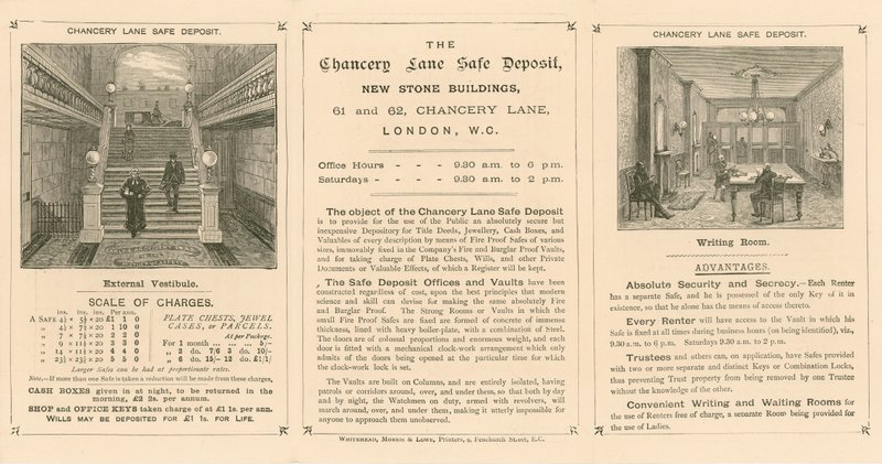 Kort som annonserer Chancery Lane Safe Deposit, 61-62 Chancery Lane, London av English School