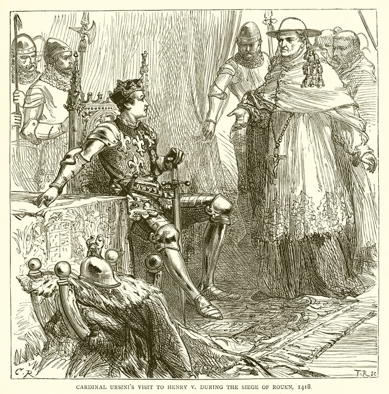 Kardinal Ursinis besøk til Henry V under beleiringen av Rouen, 1418 av English School