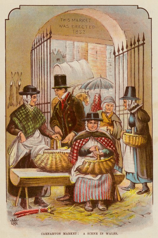Carnarvon Market, en scene i Wales (farge litho) av English School