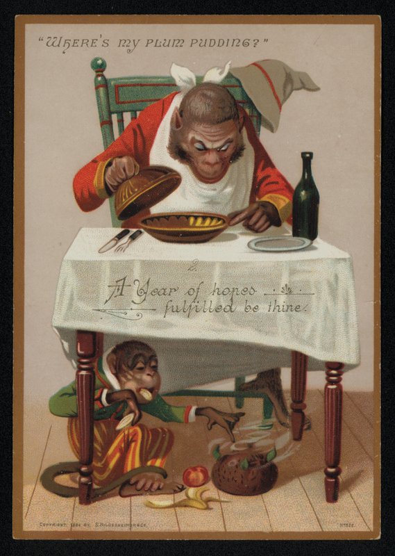 Tegneserie av aper og en plommepudding, gratulasjonskort for nyttår. (chromolitho) av English School