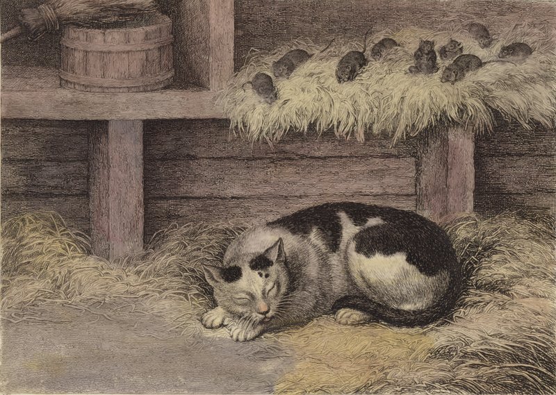 Katt og mus i en låve (tonet gravering) av English School