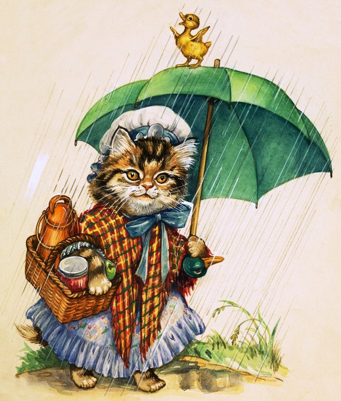 Katt med paraply (gouache på papir) av English School