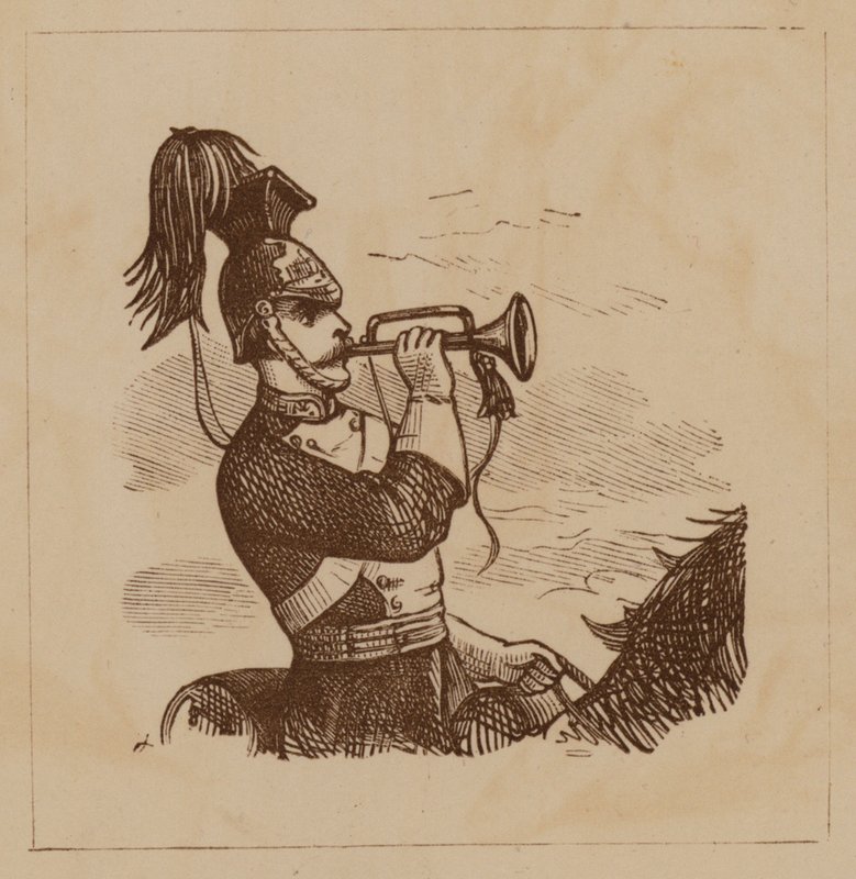 Kavalerisoldat blåser en bugle (litho) av English School