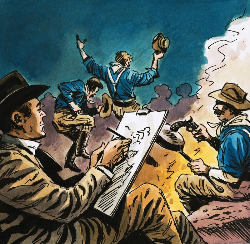 Kavalerist danser rundt et leirbål med Arthur Boyd Houghton som skisserer av English School
