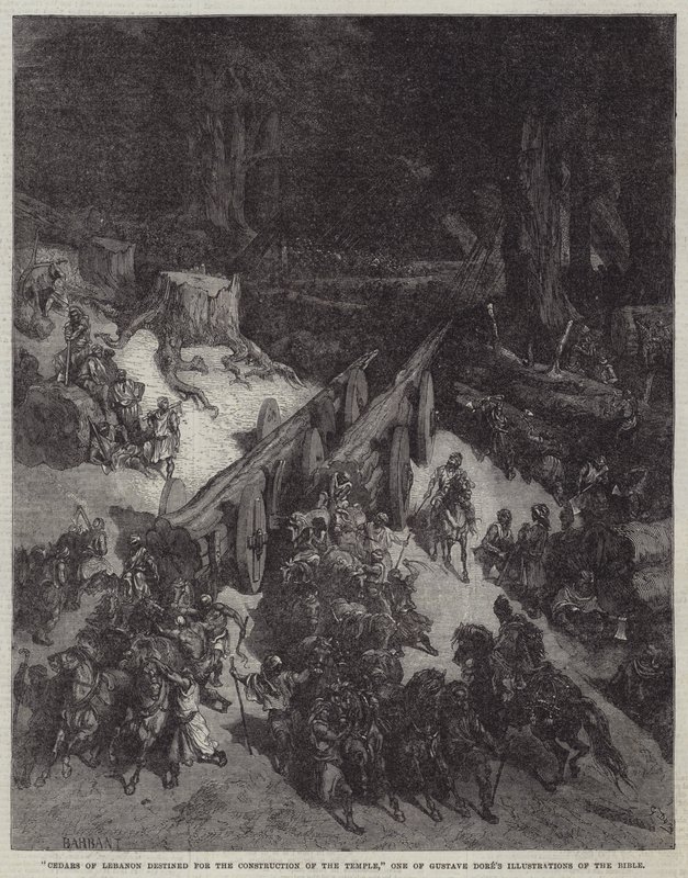 "Libanonsedrer bestemt for bygging av tempelet," En av Gustave Dores illustrasjoner av Bibelen (gravering) av English School