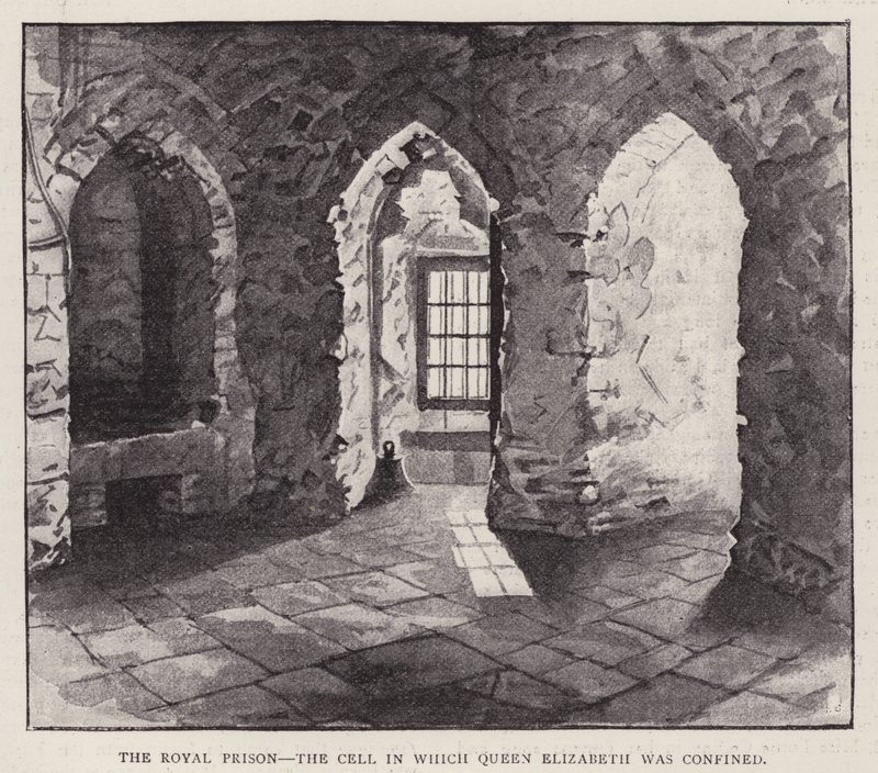 Celle i Tower of London der den fremtidige dronning Elizabeth I ble fengslet i 1554 under regjeringen til hennes halvsøster Mary I (litho) av English School
