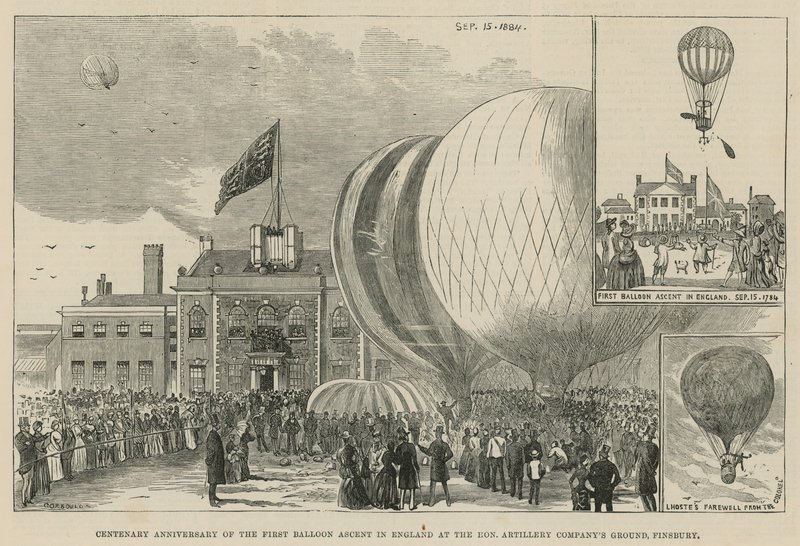 Hundreårsjubileum for den første ballongoppstigningen i England ved Hon. Artillery Company bakken, Finsbury av English School