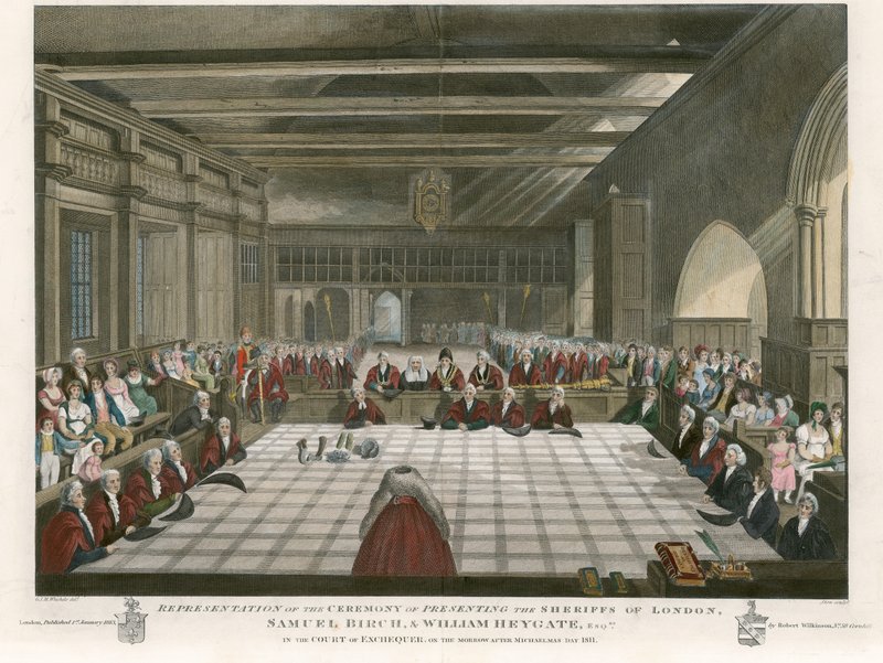 Seremoni for presentasjon av sheriffene i London, Samuel Birch og William Heygate, i finansretten, på morgenen etter Michaelmas Day, 1811 av English School