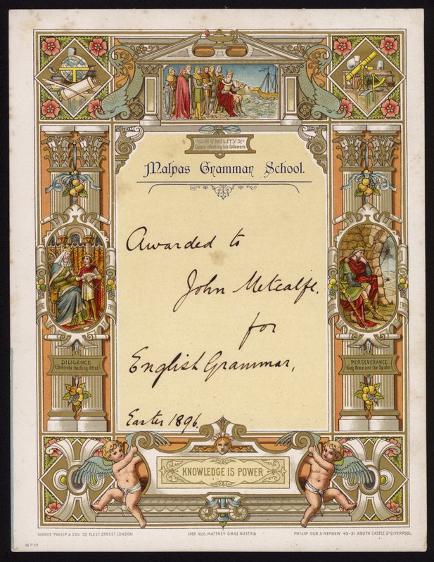 Sertifikat for engelsk grammatikk tildelt en elev ved Malpas Grammar School, Cheshire av English School