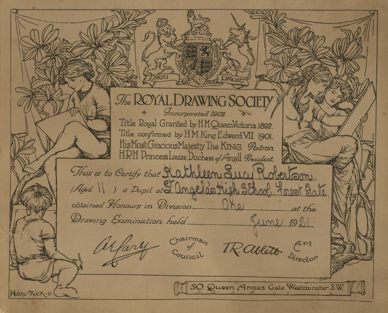 Sertifikat gitt av Royal Drawing Society av English School