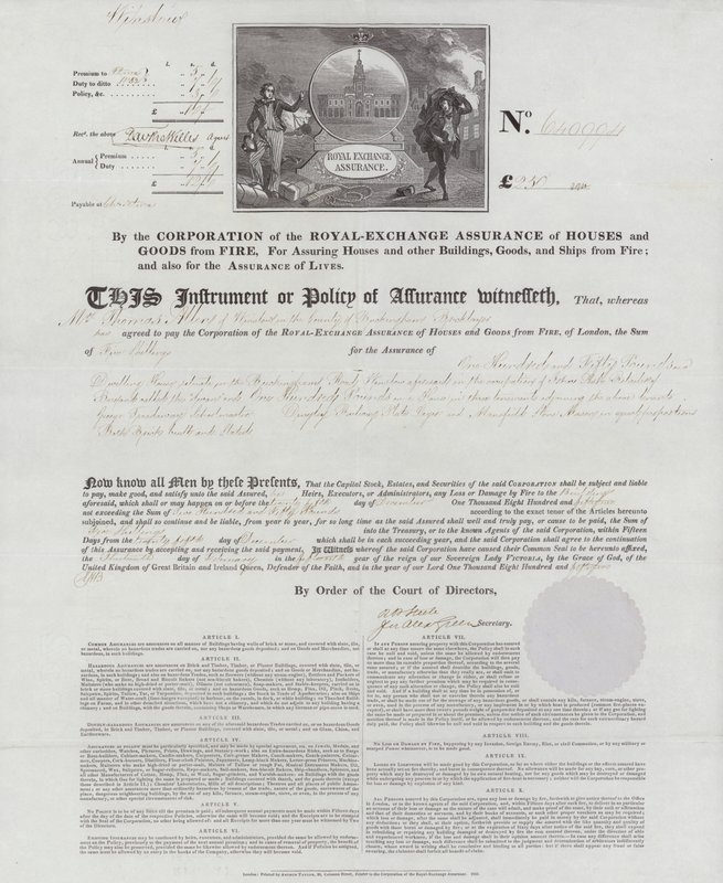 Sertifikat for brannforsikring utstedt av Royal Exchange Assurance Corporation for et hus i Wilmslow, Buckinghamshire av English School
