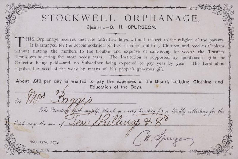Takkebevis for en donasjon til Stockwell Orphanage, London, 1874 av English School