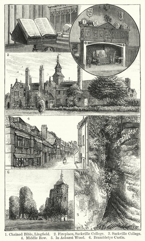lenket bibel, Lingfield; Peis, Sackville College; Sackville College; midtre rad; I Ashurst Wood; Brambletye Castle (gravering) av English School