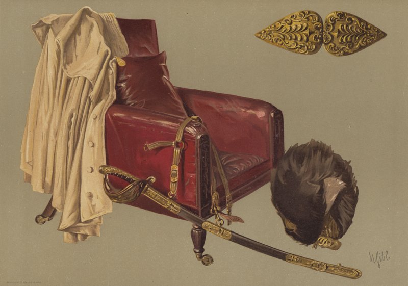 Stol og kappe til feltmarskalk hertugen av Wellington, med bjørneskinn og sverd til Grenadier Guards (chromolitho) av English School