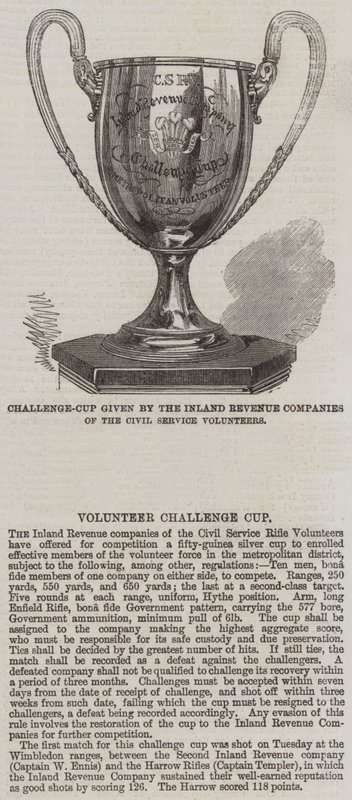 Challenge-Cup gitt av Inland Revenue Companies of the Civil Service Volunteers (gravering) av English School