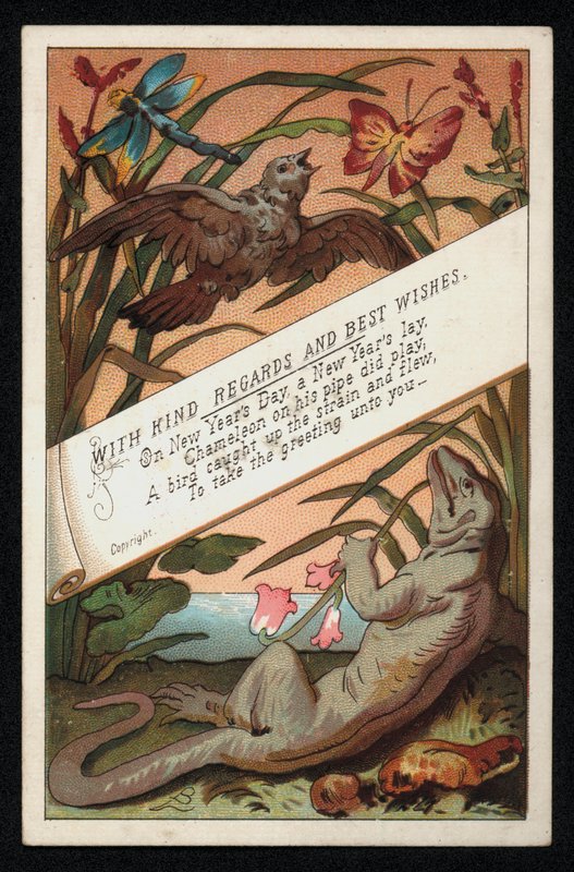 Kameleon med vers og en fugl, nyttårskort. (chromolitho) av English School
