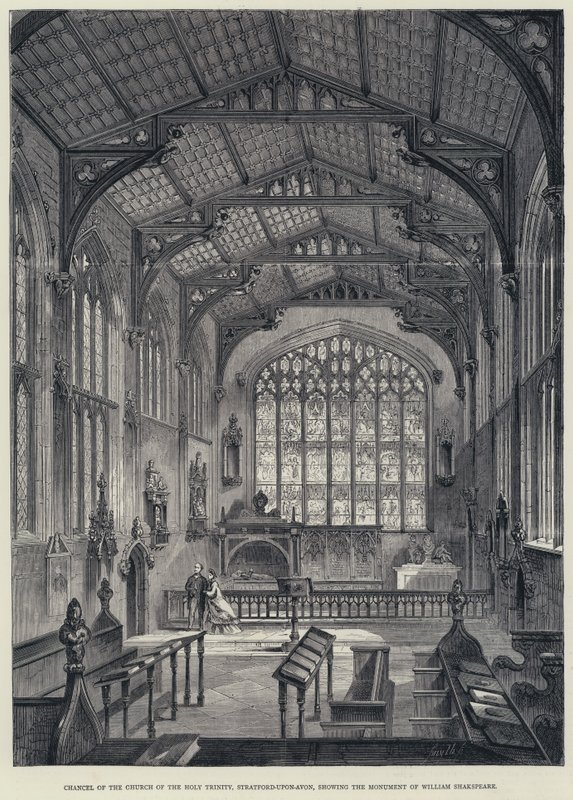 Chancell of the Church of the Holy Trinity, Stratford-upon-Avon, som viser monumentet til William Shakspeare (gravering) av English School