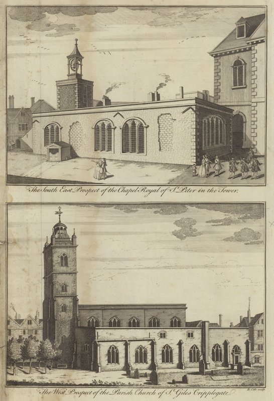 Chapel Royal of St Peter i Tower og Church of St Giles Cripplegate, London av English School