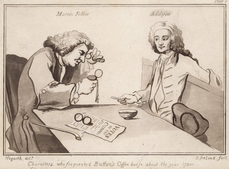 Karakterer som besøkte Buttons Coffee House rundt 1720-årene; Martin Folkes, Addison av English School