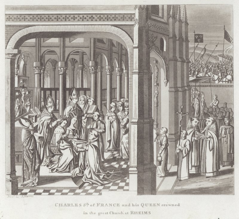 Charles 5. av Frankrike og hans dronning kronet i den store kirken på Reims av English School