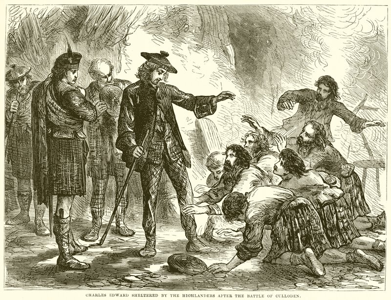 Charles Edward i ly av Highlanders etter slaget ved Culloden av English School