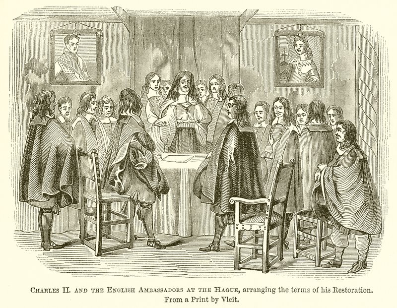 Charles II og de engelske ambassadørene i Haag, og ordnet vilkårene for hans restaurering av English School